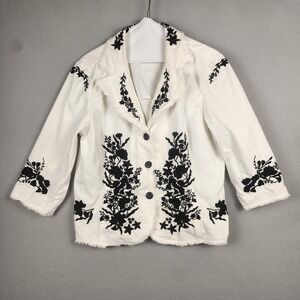Multiples Blazer Womens Large White Black Embroidered Floral 3/4 Sleeve Boho